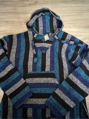 OP Men's Striped Crewneck Baja Sweater - Blue, Black & Gray